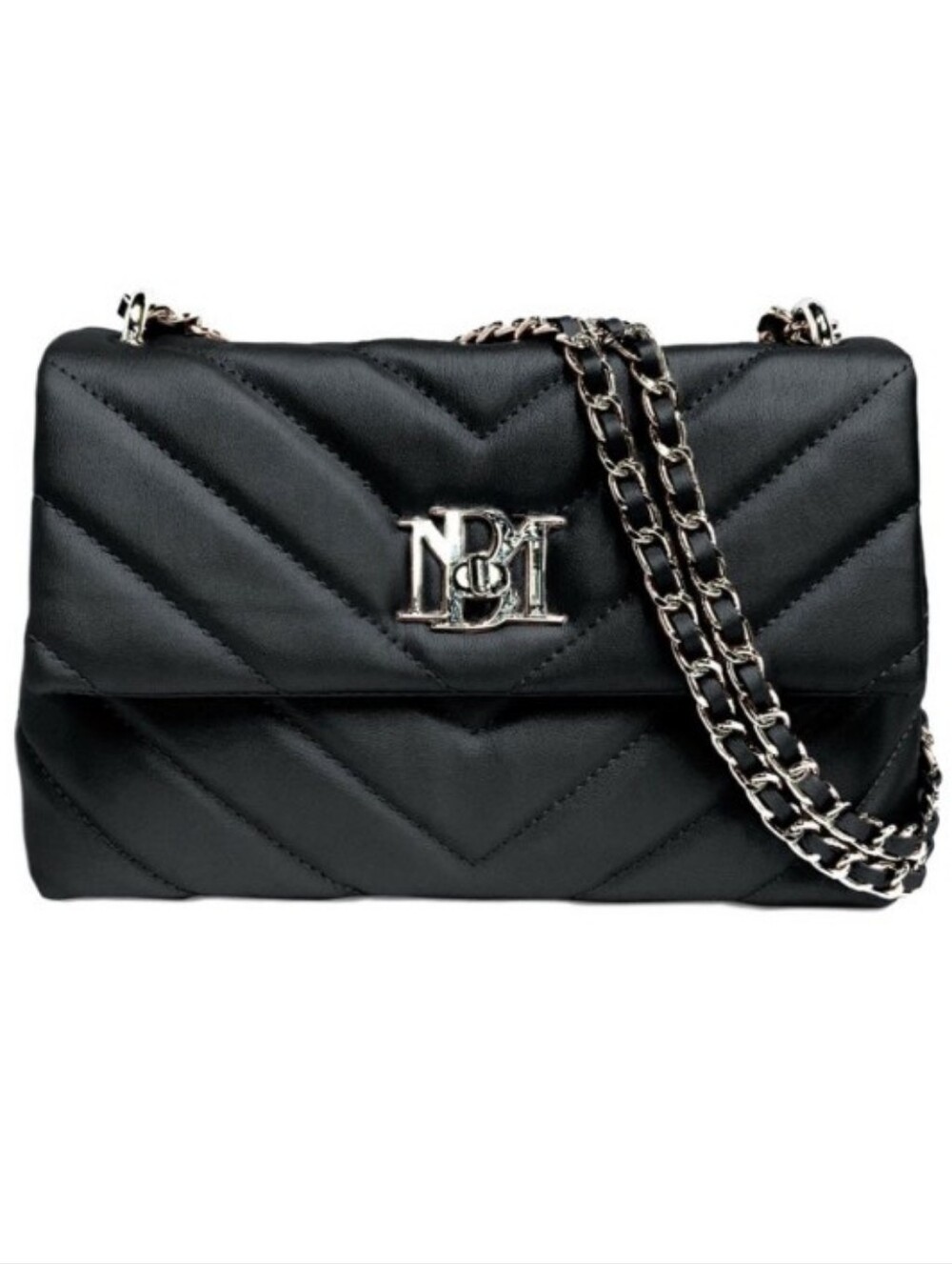 Badgley Mischka-Chevron V Quilting Crossbody/Letter Lock (Black-Silver)🖤🩶